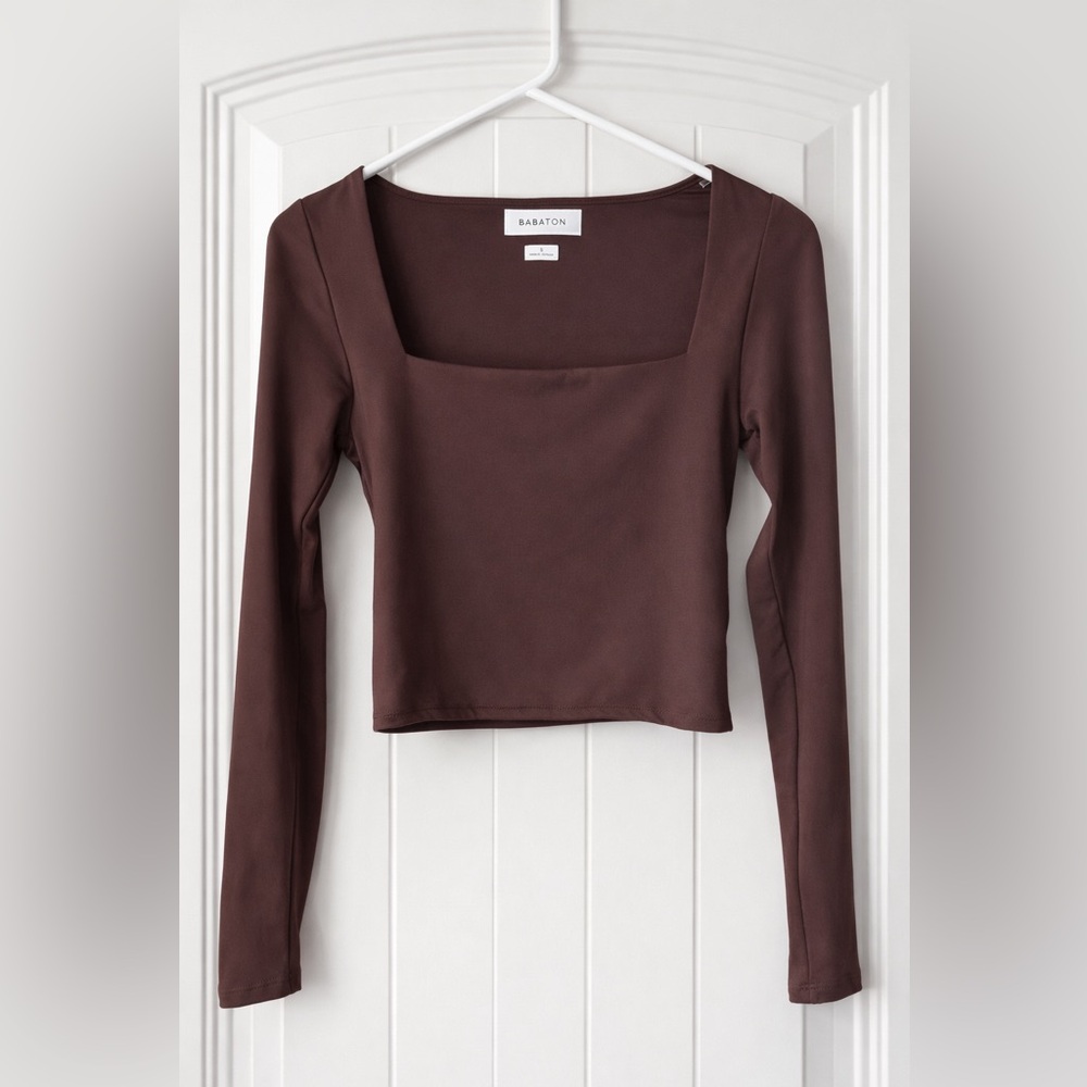 Babaton Square Neck Long Sleeve Top S Brown Fitted Minimal - Picture 1 of 11